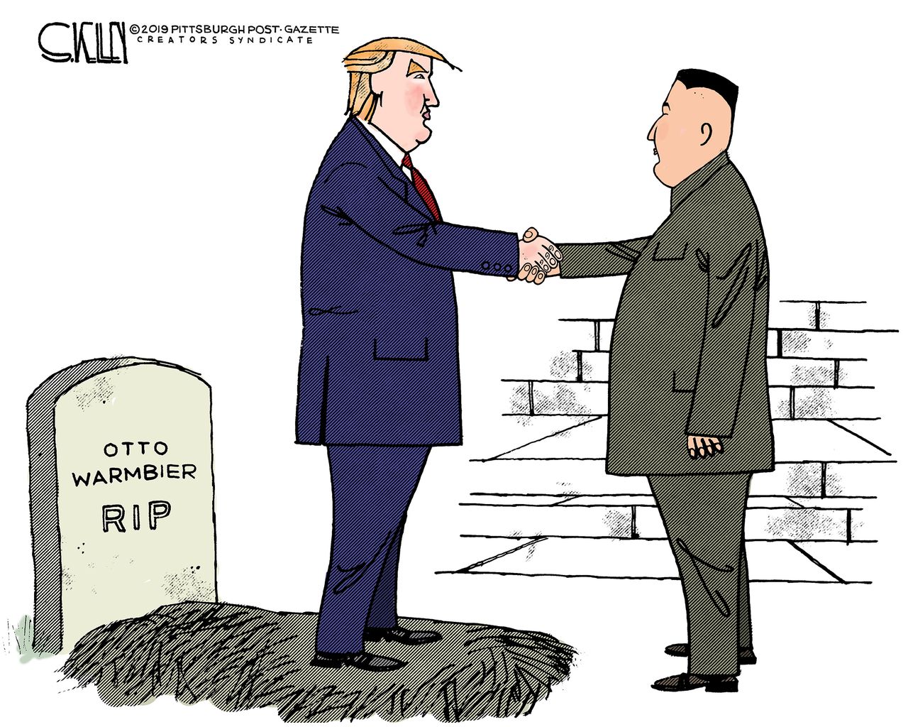 Political Cartoon U.S. Trump Kim Jon Un Otto Warmbier Grave