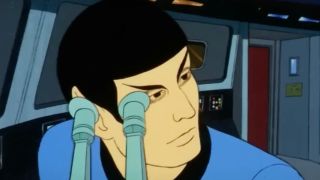 Spock with black marks on his eyes after looking through the scope.