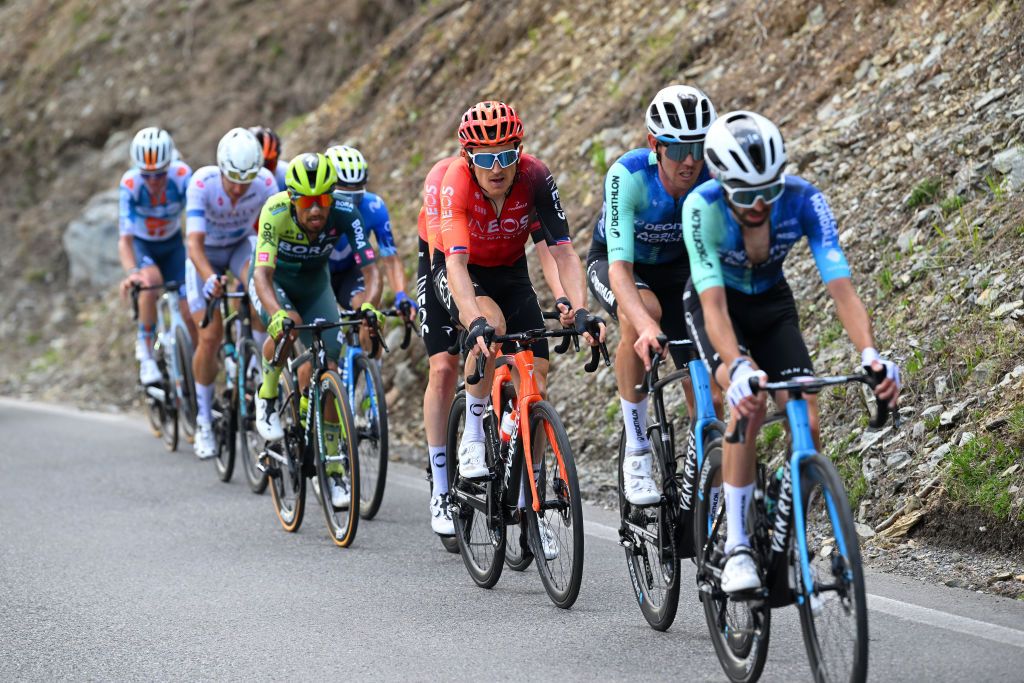 LIVIGNO MOTTOLINO ITALY MAY 19 LR Geraint Thomas of The United Kingdom and Team INEOS Grenadiers Ben OConnor of Australia and Valentin ParetPeintre of France and Decathlon AG2R La Mondiale Team compete in the chase group during the 107th Giro dItalia 2024 Stage 15 a 222km stage from Manerba del Garda to Livigno Mottolino 2387m UCIWT on May 19 2024 in Livigno Mottolino Italy Photo by Dario BelingheriGetty Images