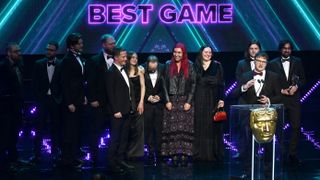 Sam McGarry and the development team from Poncle Studio, accept the Best Game Award for 'Vampire Survivors' at the 2023 BAFTA Games Awards, held at Queen Elizabeth Hall on March 30, 2023 in London, England.
