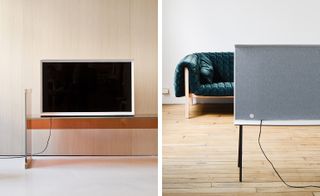 Left: white television on a glass unit. Right: white television in front of a green sofa