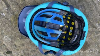 A picture showing the MIPS liner and padding on the inside of the Specialized Tactic 4 mountain bike helmet reviewed
