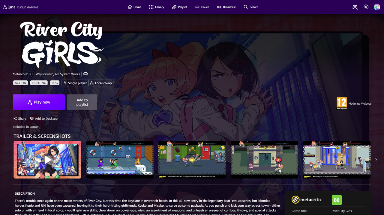 A screenshot of River City Girls 2 on Amazon Luna.