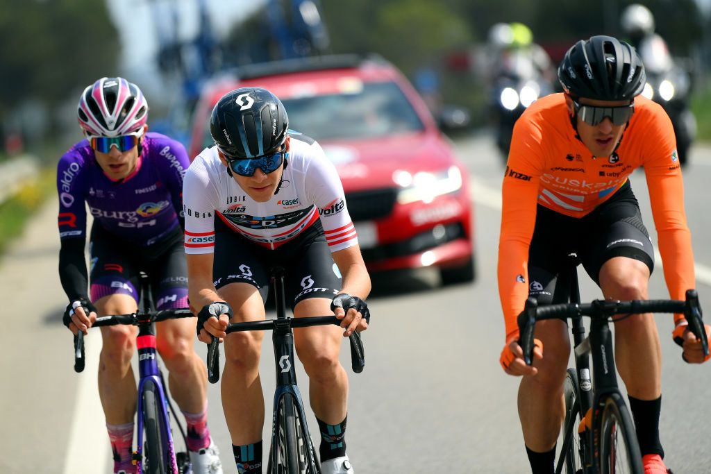 PERPIGNAN FRANCE MARCH 22 Jonas Iversby Hvideberg of Norway and Team DSM red mountain jersey competes in the breakaway during the 101st Volta Ciclista a Catalunya 2022 Stage 2 a 2024km stage from LEscala to Perpignan VoltaCatalunya101 WorldTour on March 22 2022 in Perpignan France Photo by David RamosGetty Images