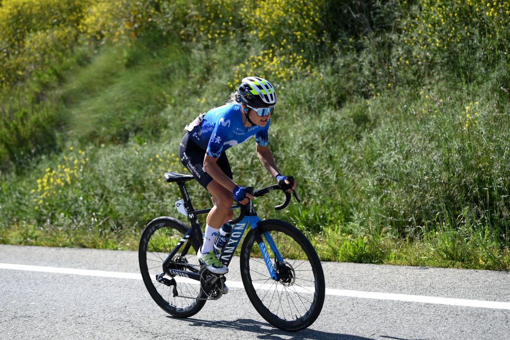 PAMPLONA SPAIN MAY 08 Claire Steels of The United Kingdom and Movistar Team competes during the 4th Navarra Womens Elite Classics 2024 a 1356km one day race from Pamplona to Pamplona on May 08 2024 in Pamplona Spain Photo by Alex BroadwayGetty Images
