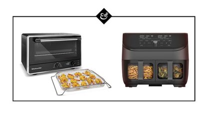 air fryers vs toaster ovens hero image: An Instant Dual Basket Air fryer and a Kitchenaid Digital Countertop Oven with Air Fry on a white background and the Homes and Gardens logo