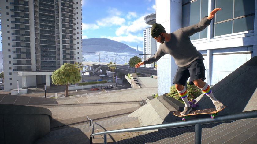 Skate screenshot of a skater with knee high socks, shorts and a jumper doing an ollie