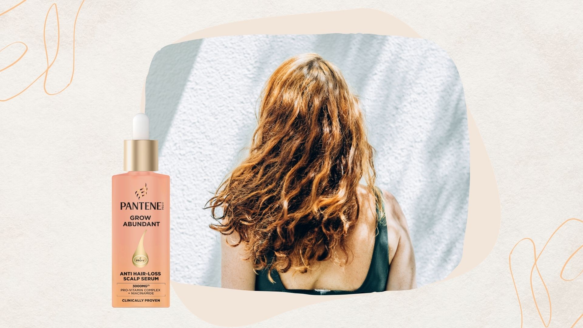 sun shining on woman's hair next to cut-out of Pantene Grow Abundant Anti-Hair Loss Scalp Serum