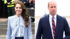 Composite of a picture of Kate Middleton wearing blue in Carrickfergus, Northern Ireland in 2022 and Prince William wearing a suit and tie at RAF Valley in Holyhead in 2024