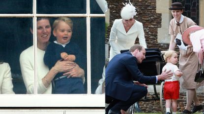 Prince George and his nanny Maria Teresa Turrion Borrallo looking out a window next to a photo of Borrallo wearing a tan nanny uniform smiling at Queen Elizabeth leaning over to greet toddler Prince George and Kate Middleton wearing a white coat and hat bending over a stroller in the background