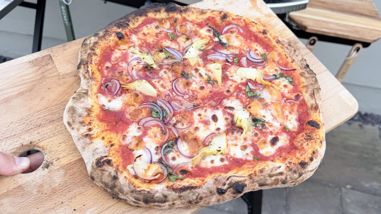 A pizza cooked on the Gozney Arc XL