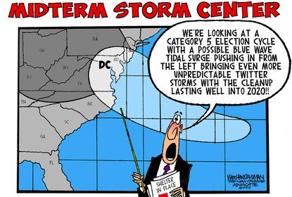 Political cartoon U.S. midterm elections blue wave twitter