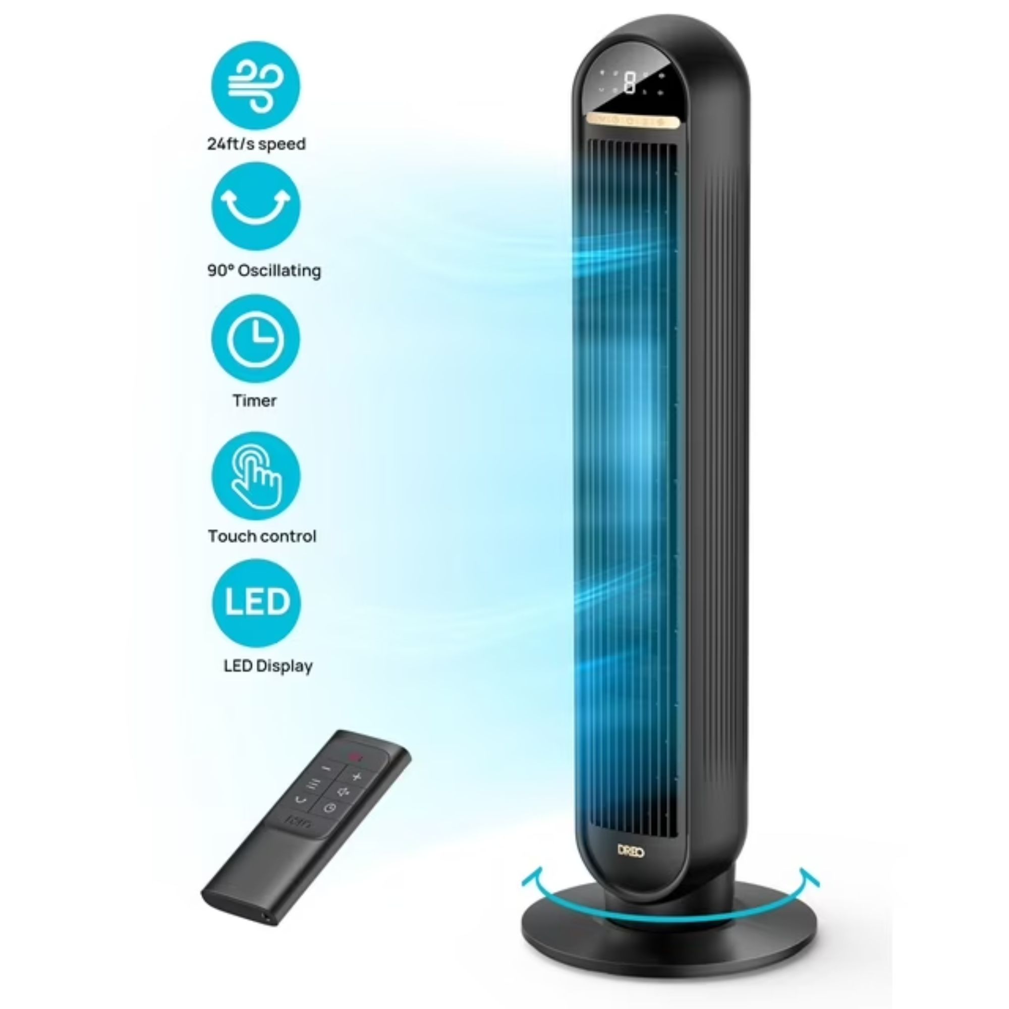 A black tower fan with black remote control
