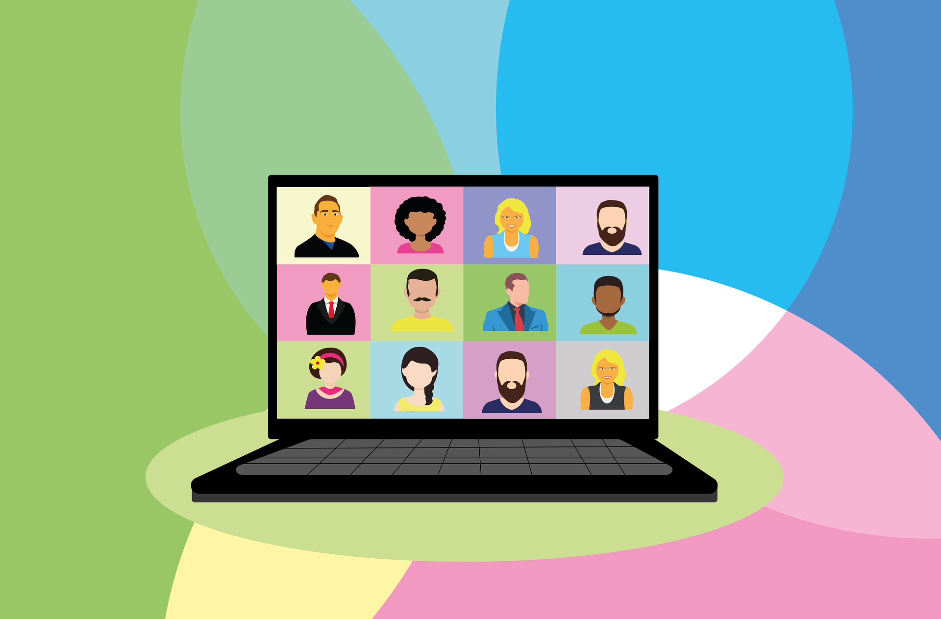 A cartoon laptop with a video conference in progress on its screen.