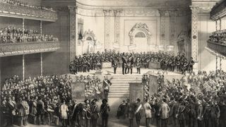 An 1851 illustration of a large meeting of a group of Freemasons