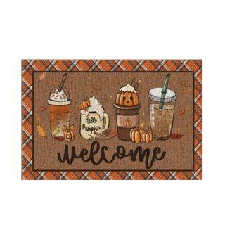 A fall doormat with coffee illustrations on it
