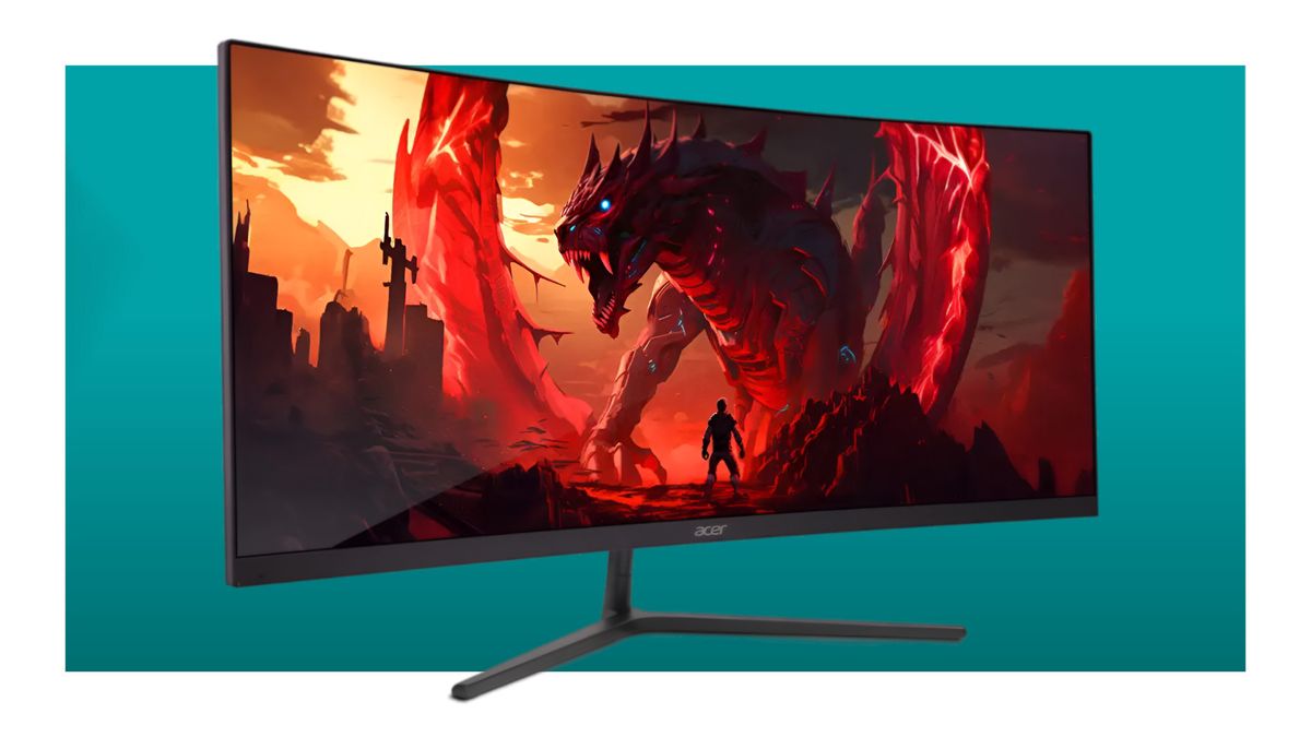 A promotional image of an Acer Nitro ED306C ultrawide gaming monitor against a teal background with a white border