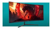 A promotional image of an Acer Nitro ED306C ultrawide gaming monitor against a teal background with a white border