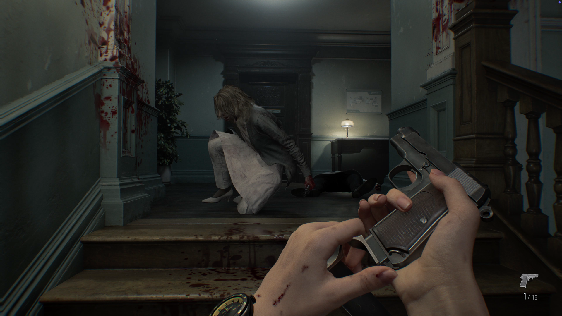 Grace reloads a pistol in Resident Evil Requiem as she approaches a zombie upstairs