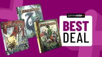 Deals image on purple background showing Pathfinder GM core, player core, and Kingmaker Adventure Path books