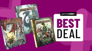Deals image on purple background showing Pathfinder GM core, player core, and Kingmaker Adventure Path books