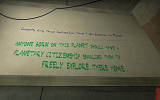 The smaller text above reads: "Currently Going Through Customs Even Though I Was Born On This Planet." This appears in Left 4 Dead's airport campaign, Dead Air.