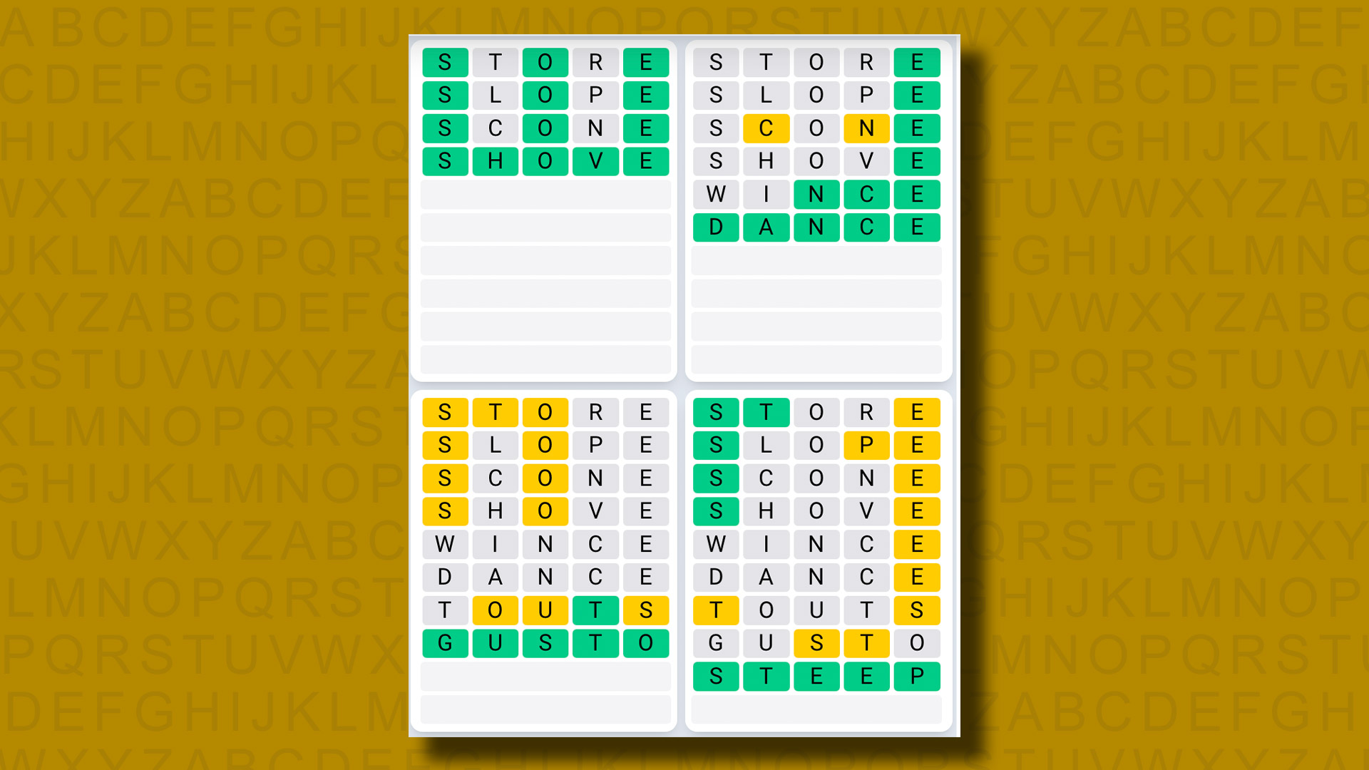 Quordle Daily Sequence answers for game 1063 on a yellow background