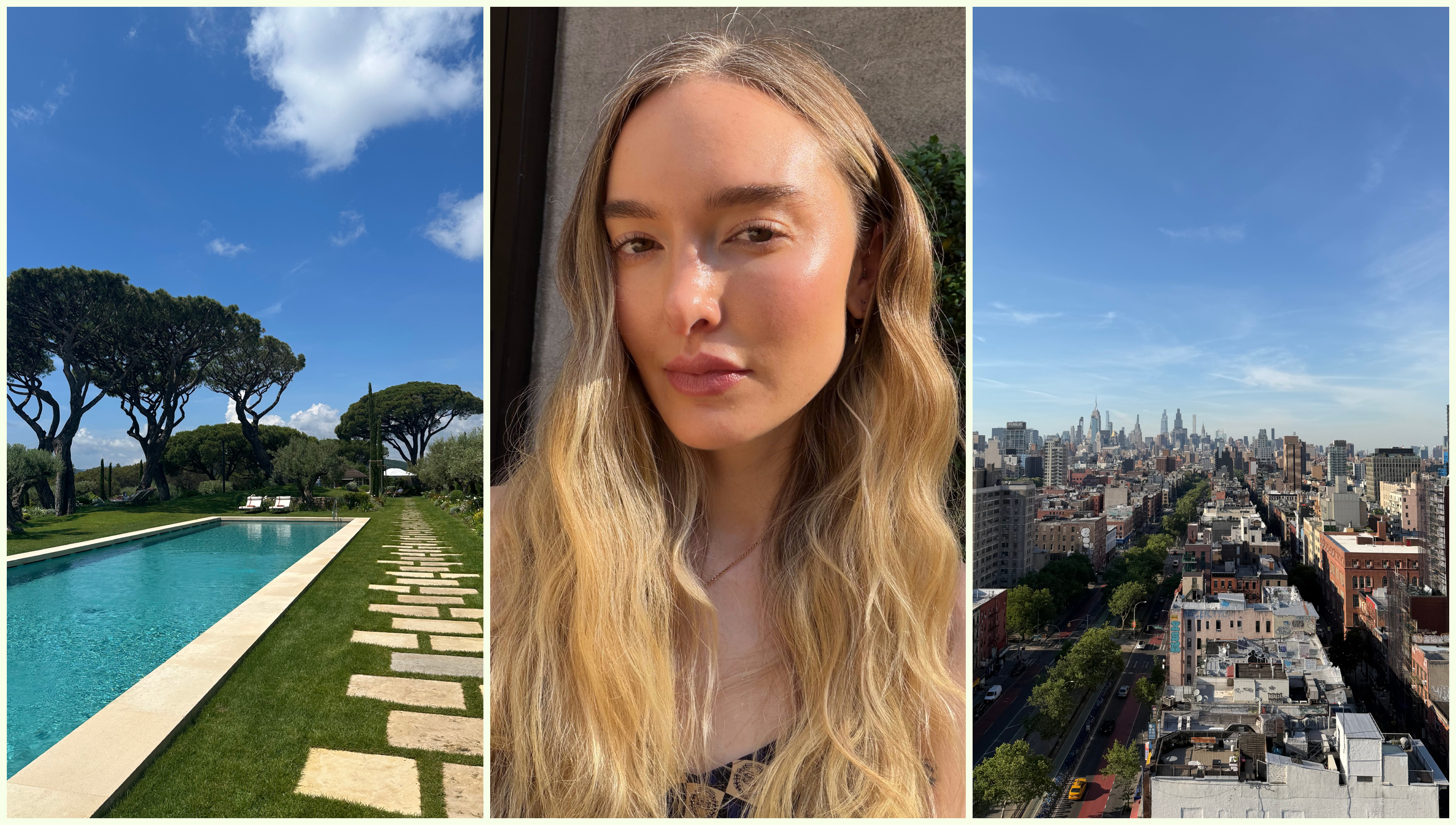 three images on a collage for solar scents featuring a pool with trees on the left, a woman with blonde, wavy hair in the middle, and a city skyline on the right