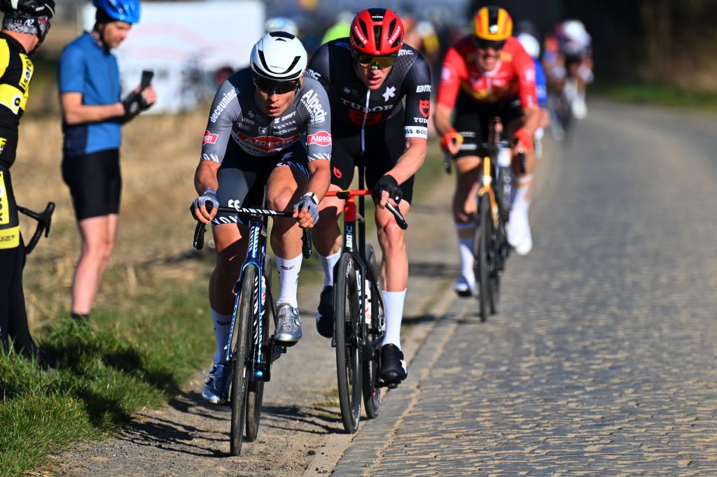 NOKERE BELGIUM MARCH 19 Jasper Philipsen of Belgium and Team Alpecin Deceuninck competes in the chase group during the 79th Danilith Nokere Koerse 2025 Mens Elite a 1881km one day race from Deinze to Nokere on March 19 2025 in Nokere Belgium Photo by Luc ClaessenGetty Images