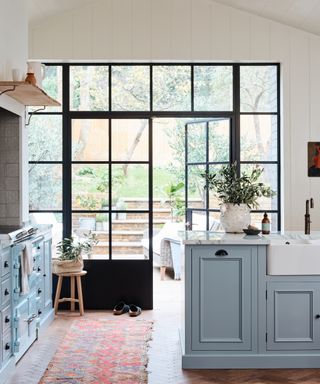kitchen renovation rules, sky blue and white kitchen with crittall doors to the garden, kitchen island, sink in island, vintage rug