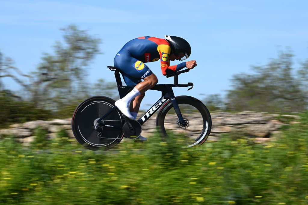ALBUFEIRA PORTUGAL FEBRUARY 17 Jasper Stuyven of Belgium and Team Lidl Trek sprints during the 50th Volta ao Algarve em Bicicleta 2024 Stage 4 a 22km individual time trial in Albufeira on February 17 2024 in Albufeira Portugal Photo by Dario BelingheriGetty Images