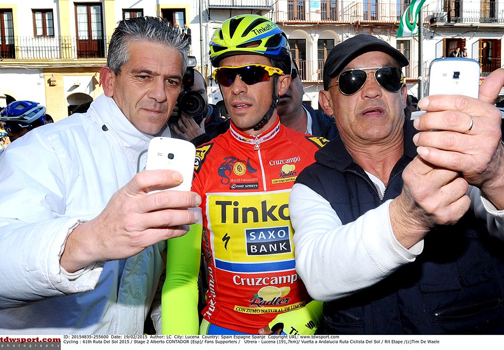 Alberto Contador (Tinkoff-Saxo) meets with fans at the start of stage 2