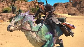 The default Warrior of Ligfht, Meteor, riding a Seikret like he would ride a Chocobo.