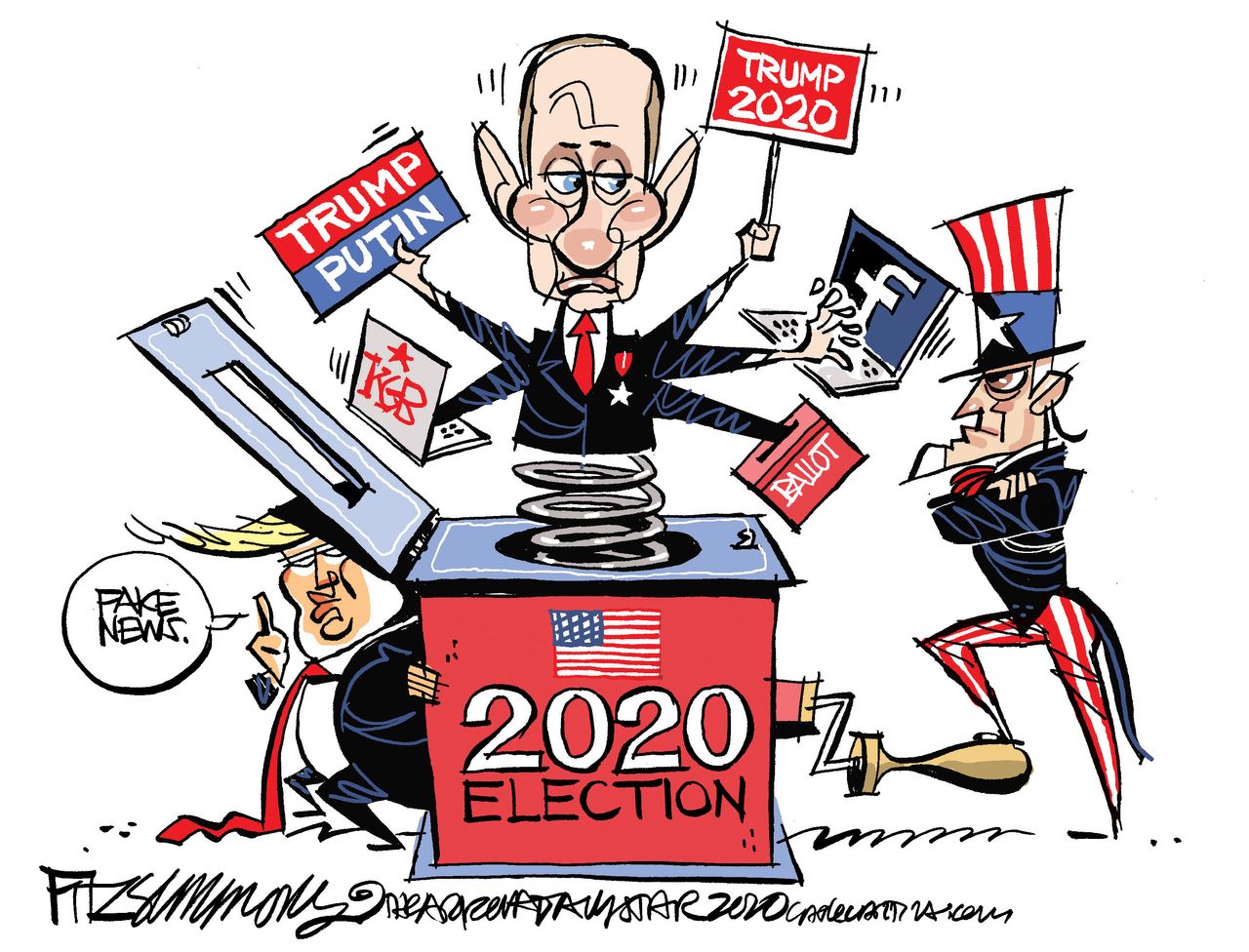 Political Cartoon U.S. Trump Putin 2020 election Russian meddling Facebook