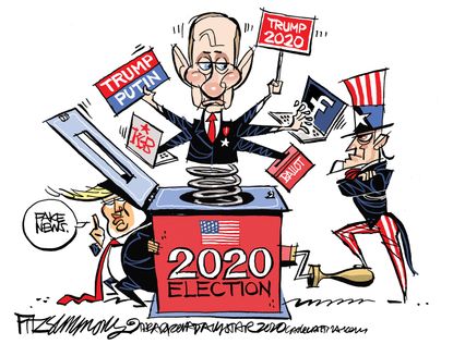 Political Cartoon U.S. Trump Putin 2020 election Russian meddling Facebook