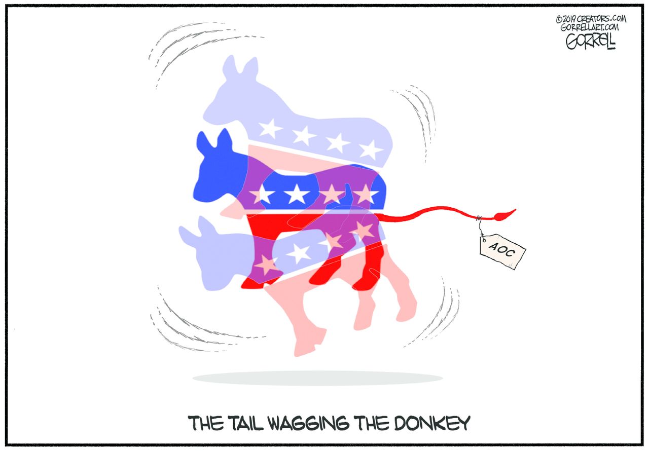 Political Cartoon U.S. AOC Democrats Tail Wagging the Donkey