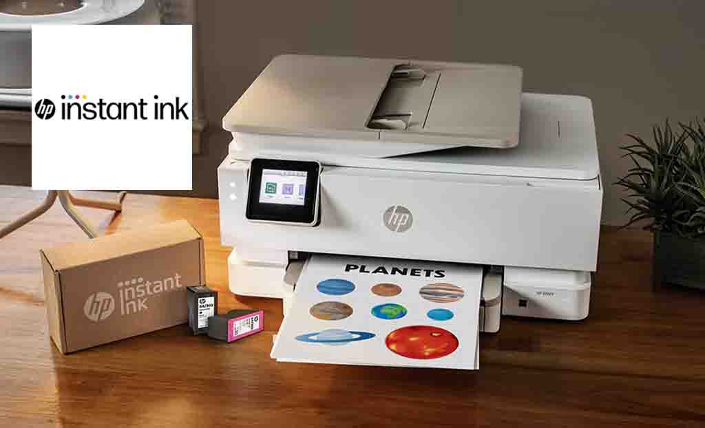 HP Instant Ink logo top left with a printer 