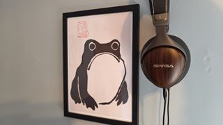 A grumpy frog illustration next to a pair of Sivga headphones. 