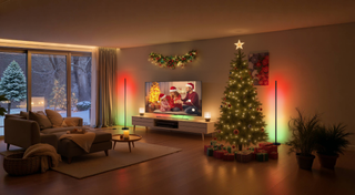 Various SwitchBot smart lights set up to decorate a living room for the holidays.