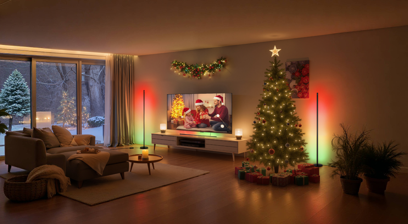 Various SwitchBot smart lights set up to decorate a living room for the holidays.