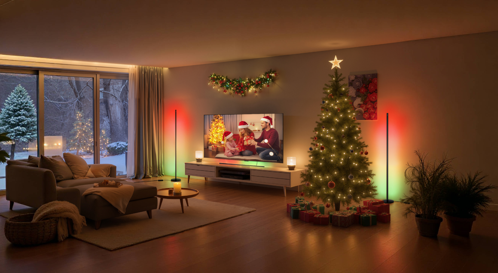 Various SwitchBot smart lights set up to decorate a living room for the holidays.