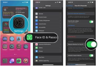 Turn off Require Attention for Face ID: Launch Settings, tap Face ID & Passcode, enter passcode, tap toggle for Require Attention for Face ID to OFF