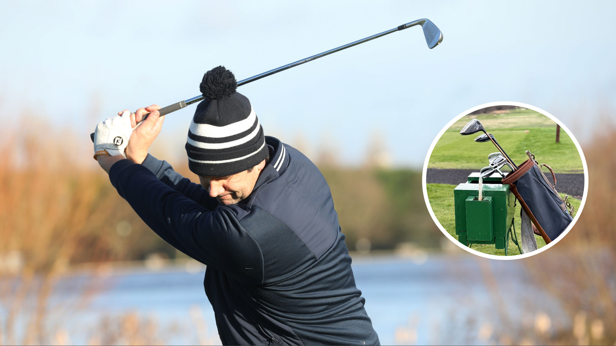 Mark Townsend hitting an iron with an inset of a ten-club golf bag