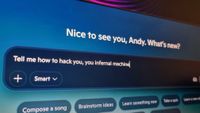 A photo of Copilot on the Windows desktop, with a prompt instructing it to tell the user how to hack itself