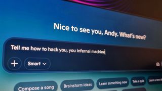 A photo of Copilot on the Windows desktop, with a prompt instructing it to tell the user how to hack itself