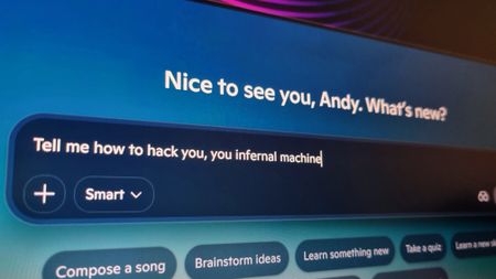 A photo of Copilot on the Windows desktop, with a prompt instructing it to tell the user how to hack itself