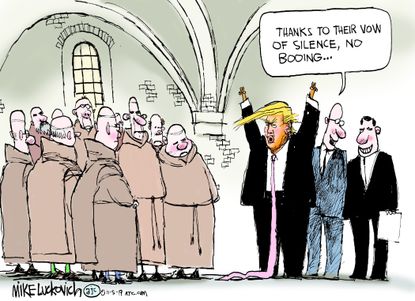 Political Cartoon U.S. Trump Monks Vow Of Silence No Booing