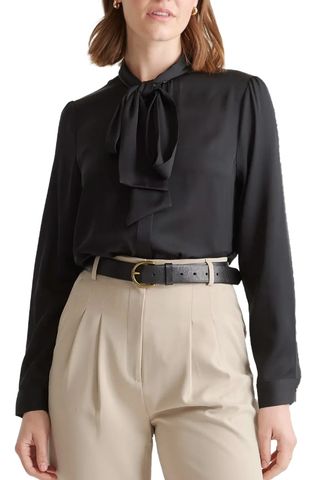 Washable Stretch Silk Tie Neck Blouse