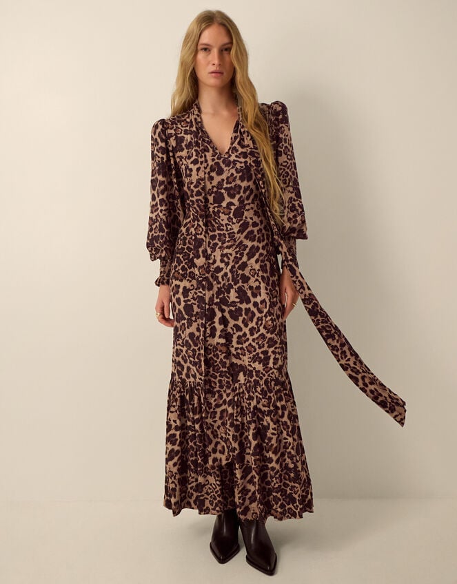 Monsoon X Queens of Archive Pearl Tie Neck Leopard Print Maxi Dress&amp;#8203; Brown
