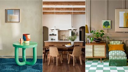 Furniture trends 2024. Close up of modern green side table. Wooden, rustic kitchen with dining table, colorful hallway with green checkered floor and patterned green seat.